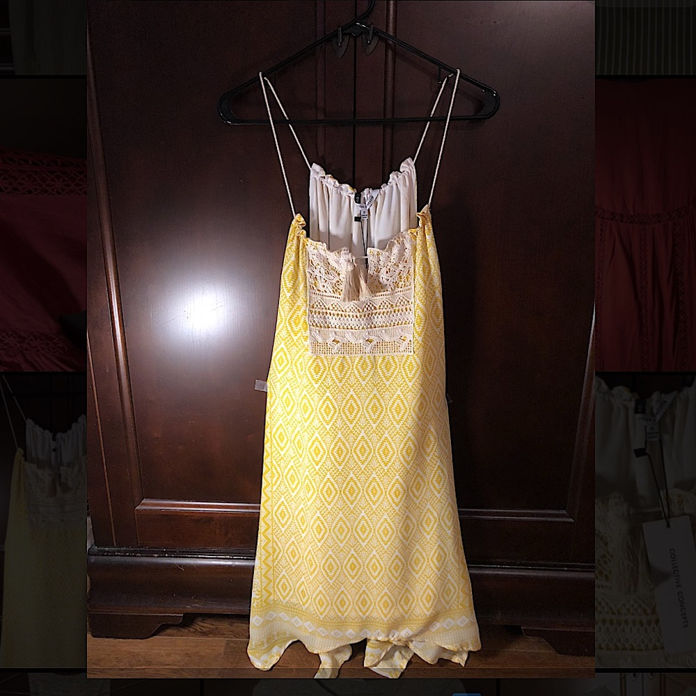 New With Tags Collective Concepts Yellow Boho Dress (size small but adjustable)